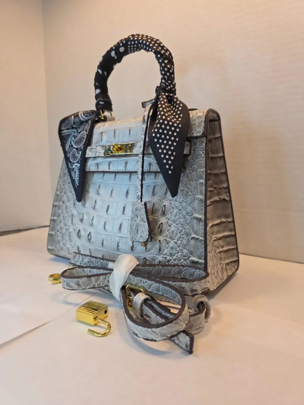 Beautiful Croc Embossed Top Handle Fashion Bag with Padlock  & Twilly NWOT